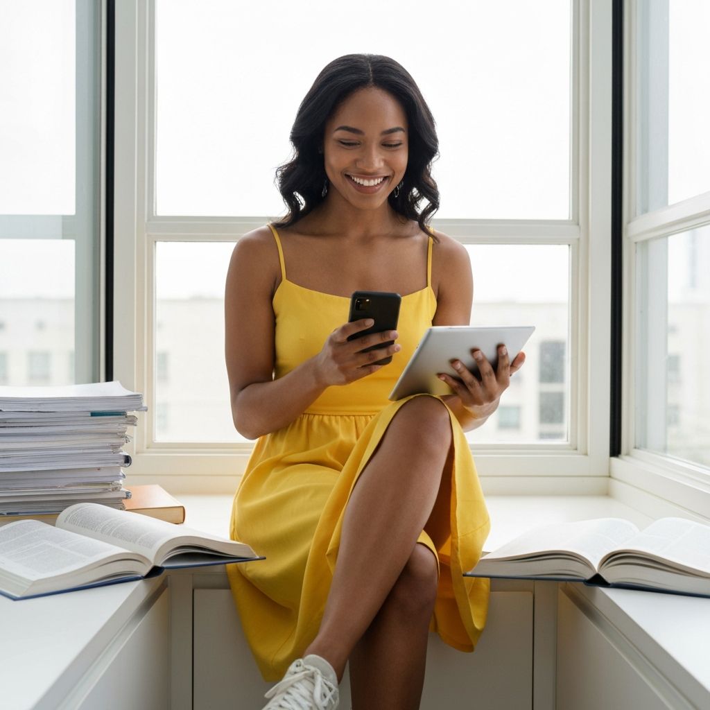 Estudante feliz usando nossa plataforma